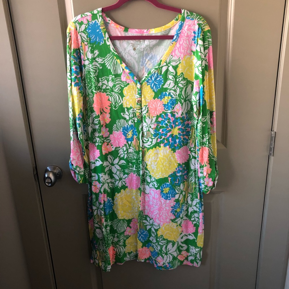 Lilly Pulitzer Green Floral Shift Dress with Pink, Yellow & Blue Accents
